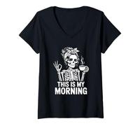 Femme C'est mon matin avec du café Squelette avec foulard et tasse T-Shirt avec Col en V