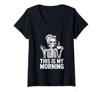 Femme C'est mon matin avec du café Squelette avec foulard et tasse T-Shirt avec Col en V