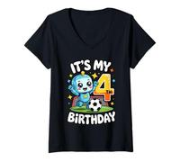 Femme C'est Mon Robot de Football pour Mon 4e Anniversaire T-Shirt avec Col en V