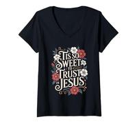 Femme C'est si doux de faire confiance à Jesus Boho Floral Christian T-Shirt avec Col en V