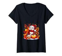 Femme C'est un arbre d'automne en forme de feuille de chat d'automne pour Thanksgiving T-Shirt avec Col en V