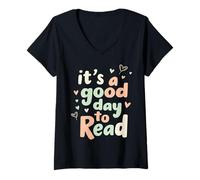 Femme C'est Un Bon Jour pour Lire Une Ambiance de Lecture de cœurs livresques colorés T-Shirt avec Col en V