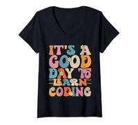 Femme C'est une bonne journée pour apprendre à coder avec les élèves de Retro Teacher T-Shirt avec Col en V