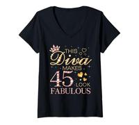 Femme Cette Diva Donne Un Look Fabuleux à 45 Ans, Jour de la Reine B pour Son 45e Anniversaire T-Shirt avec Col en V