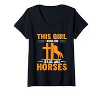 Femme Cette Fille Court sur Jésus et Chevaux Foi Art équestre T-Shirt avec Col en V
