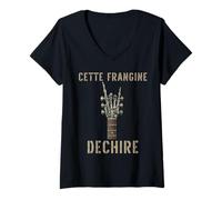 Femme Cette Frangine Dechire Guitare Gothique Rocker Squelette T-Shirt avec Col en V