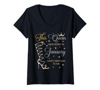 Femme Cette Reine est née en Janvier. Joyeux Anniversaire à Moi T-Shirt avec Col en V