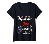 Femme Cette reine est née en juin 1989 Anniversaire de juin Femmes T-Shirt avec Col en V