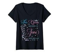 Femme Cette Reine est née en Juin Joyeux Anniversaire à Moi T-Shirt avec Col en V