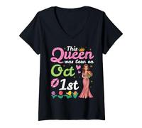 Femme Cette Reine est née Le 1er Octobre Joyeux Anniversaire à toi T-Shirt avec Col en V