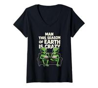 Femme Cette Saison de Earth is Crazy Aliens Popcorn Meme T-Shirt avec Col en V