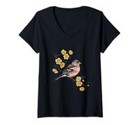 Femme Chaffinch Reposant Sur Fleur Jaune Nature Oiseau Art T-Shirt avec Col en V