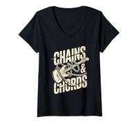Femme Chaînes et accords Punk Rock Musique T-Shirt avec Col en V