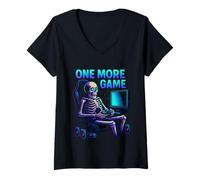Femme Chaise de Console de Jeu Squelette Amusante One More Game T-Shirt avec Col en V