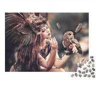 Femme chamane à Plumes, Puzzle Difficile 1000 pièces pour soirée Jeu Familial, chamane, Hibou, Plumes, Premium épais Robuste Haute qualité, Vibrant, Stimulant, Anti-Stress, 38x26cm/1000pcs