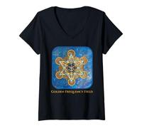 Femme Champ de fréquence doré - Design Cube de métatron T-Shirt avec Col en V