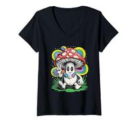 Femme Champignon de la Paix avec Aura Arc-en-Ciel Hippie Art T-Shirt avec Col en V