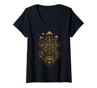 Femme Champignon Fleur Géométrie Forêt Sacrée Racines Étoiles T-Shirt avec Col en V