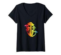 Femme Champignons Arc-en-Ciel Mignon Mycologie Coloré Cultiver des Champignons T-Shirt avec Col en V