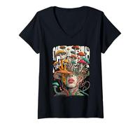 Femme Champignons poussant de l'art botanique surréaliste de la tête Humaine T-Shirt avec Col en V