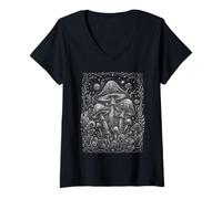 Femme Champignons Vintage Moon Forest Fungi Cottagecore Witchy T-Shirt avec Col en V