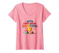 Femme Champions de l'équipe de rêve de première année T-Shirt avec Col en V, Rose, L