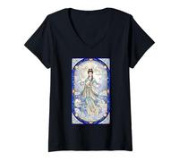 Femme Chang'e Vitrail Déesse de la Lune Chinoise T-Shirt avec Col en V