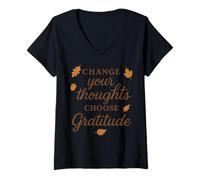 Femme Changez Vos pensées Choisissez Gratitude Motivational Autumn T-Shirt avec Col en V