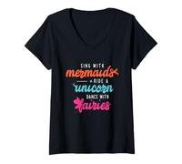 Femme Chantez avec des sirènes Ride a Unicorn Dance with Fairies T-Shirt avec Col en V