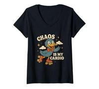 Femme Chaos Is My Cardio Funny Roller Duck Graphique rétro T-Shirt avec Col en V