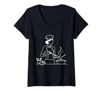Femme Chapeau Cuisinier Line Art Cuisinier T-Shirt avec Col en V