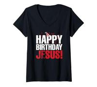 Femme Chapeau de fête avec Inscription « Happy Birthday Jesus » T-Shirt avec Col en V