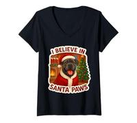 Femme Chapeau de Noël avec Inscription « I Believe in Santa Paws Cane Corso » T-Shirt avec Col en V
