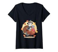 Femme Chapeau de pèlerin Amusant en Forme de Chat chevauchant la Dinde, Thanksgiving T-Shirt avec Col en V