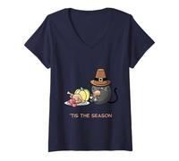 Femme Chapeau de pèlerin en Forme de Chat Citrouille T-Shirt avec Col en V
