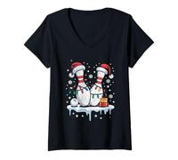 Femme Chapeau de Père Noël Amusant avec Boules de Bowling T-Shirt avec Col en V