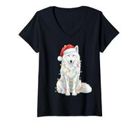 Femme Chapeau de Père Noël avec Loup Blanc T-Shirt avec Col en V