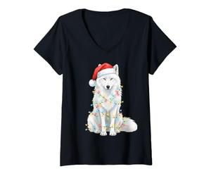 Femme Chapeau de Père Noël avec Loup Blanc T-Shirt avec Col en V