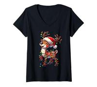 Femme Chapeau de Père Noël avec lumières de renne pour garçons et filles T-Shirt avec Col en V