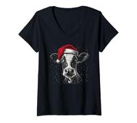 Femme Chapeau de Père Noël avec Vache drôle pour Amoureux des Animaux T-Shirt avec Col en V