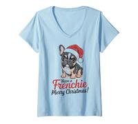Femme Chapeau de Père Noël Bouledogue français Have a Frenchie Merry Christmas T-Shirt avec Col en V