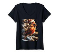 Femme Chapeau de Père Noël Cardinal de Noël Animal Forêt Fête Hiver T-Shirt avec Col en V