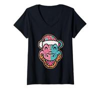 Femme Chapeau de Père Noël Dinosaure coloré Joie de Noël T-Shirt avec Col en V