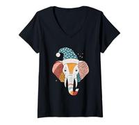 Femme Chapeau de Père Noël éléphant coloré T-Shirt avec Col en V