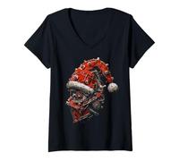 Femme Chapeau de Père Noël Graphique X-Mas Art Family Santa Hat T-Shirt avec Col en V