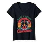 Femme Chapeau de Père Noël « Have A Merry Cluckmas Christmas » T-Shirt avec Col en V