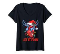 Femme Chapeau de Père Noël Humoristique Let It Flow Anatomie Cœur Cardiaque Infirmière Père Noël T-Shirt avec Col en V