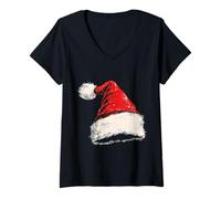 Femme Chapeau de Père Noël Motif X-Mas Illustration Famille Chapeau de Père Noël T-Shirt avec Col en V