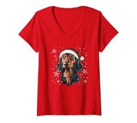 Femme Chapeau de Père Noël pour Chien Teckel Wiener T-Shirt avec Col en V