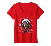 Femme Chapeau de Père Noël pour Chien Teckel Wiener T-Shirt avec Col en V